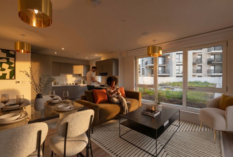 A living room and kitchen area with a dining table and people.