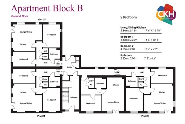 A floor plan of Apartment Block B, showing the layout of multiple 2-bedroom apartments on the ground floor.