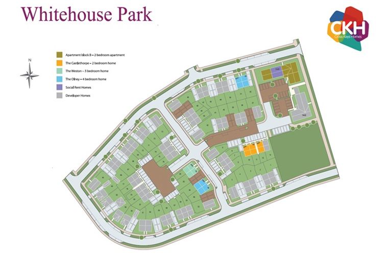 A site plan for Whitehouse Park showing different types of homes and apartment blocks.