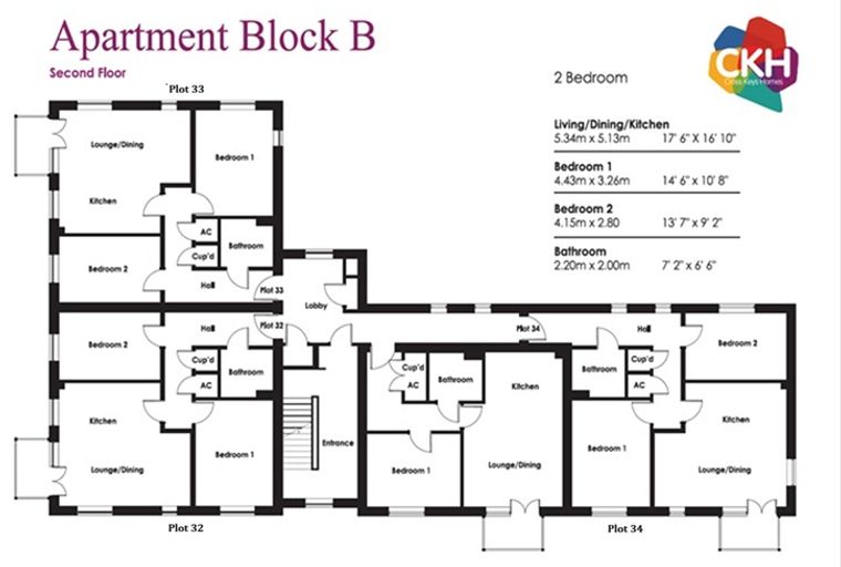 A floor plan of Apartment Block B, Second Floor, showing multiple 2-bedroom apartments with living/dining/kitchen areas, bedrooms, bathrooms, and hallways.
