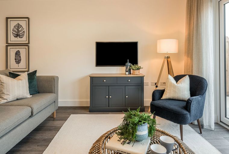 A living room with a sofa, armchair, television, and a floor lamp.