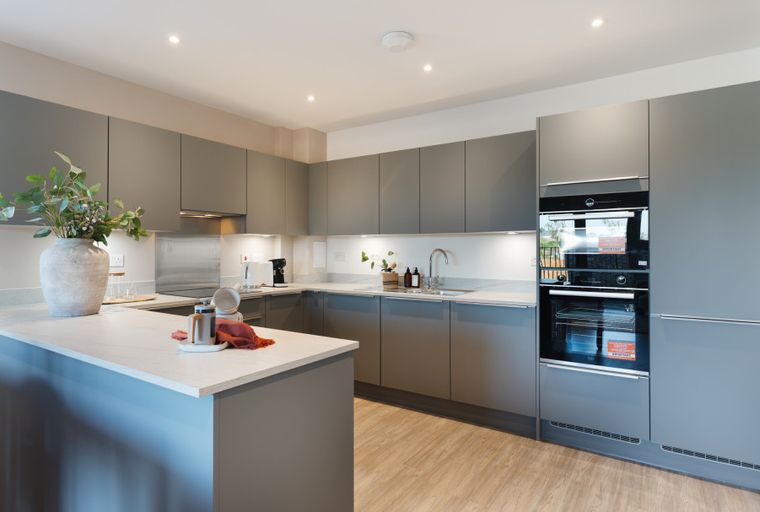 A modern kitchen with grey cabinets, a kitchen island, and integrated ovens.
