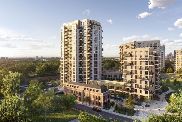 A modern apartment complex with multiple buildings, balconies, and surrounding green spaces.