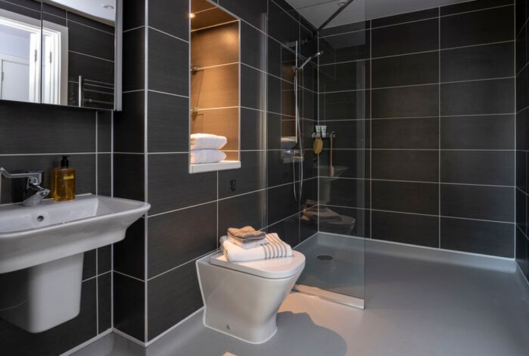A modern bathroom with a sink, toilet, and a walk-in shower.