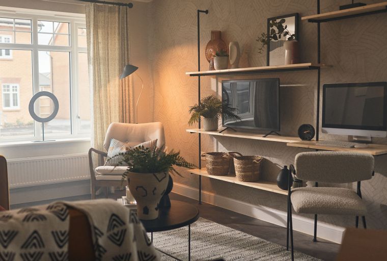 A living room with a television, computer, and shelving unit.