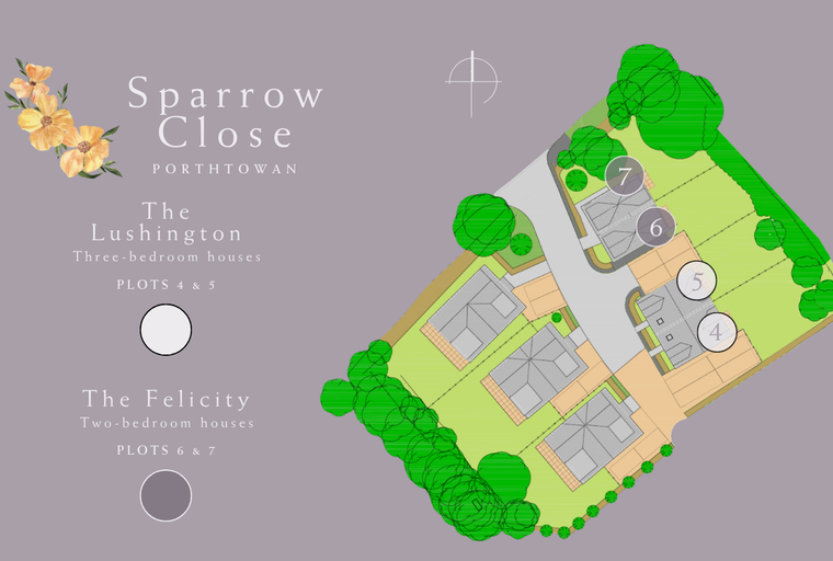 A site plan for Sparrow Close in Porthtowan, showing house plots numbered 4 through 7.