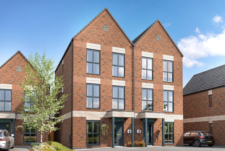 A row of modern brick townhouses with grey windows and doors, parked cars, and trees.