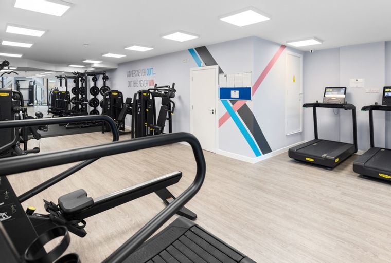 A gym with treadmills, rowers, and weight machines.