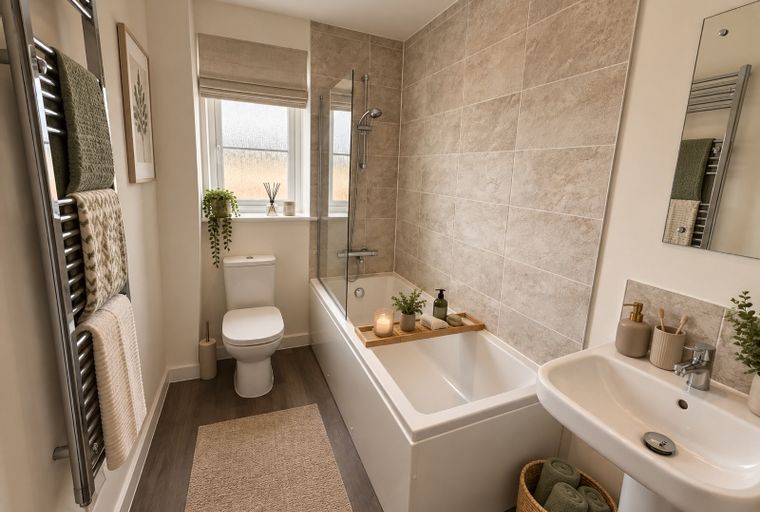 A bathroom with a bathtub, toilet, sink, and a towel rack.