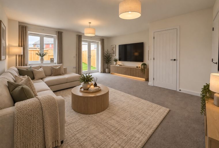 A living room with a sectional sofa, coffee table, and a television.