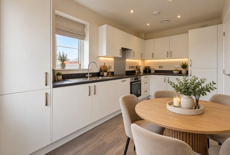 A kitchen and dining area with white cabinets, a sink, an oven, and a round table with chairs.