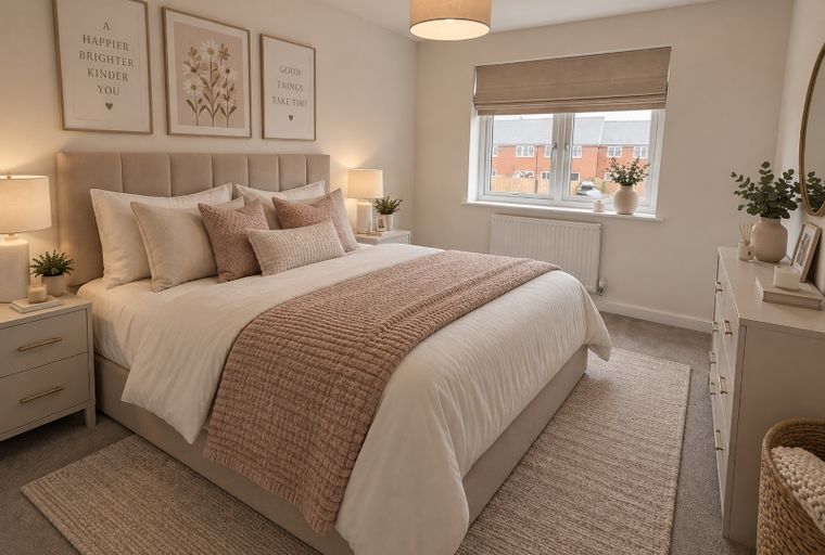 A bedroom with a bed, nightstands, and artwork.
