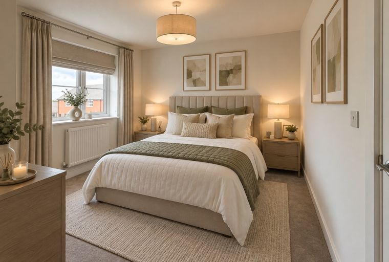 A bedroom with a bed, nightstands, and a window.