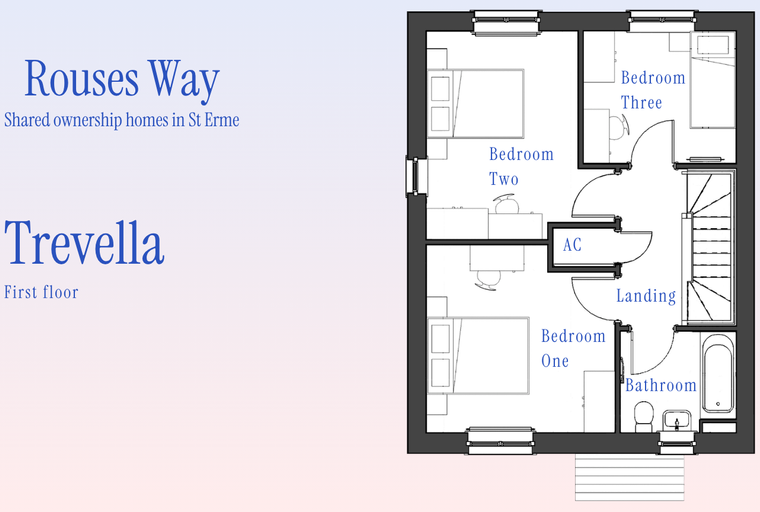 A floor plan of the first floor of a home named Trevella, showing three bedrooms, a bathroom, and a landing.