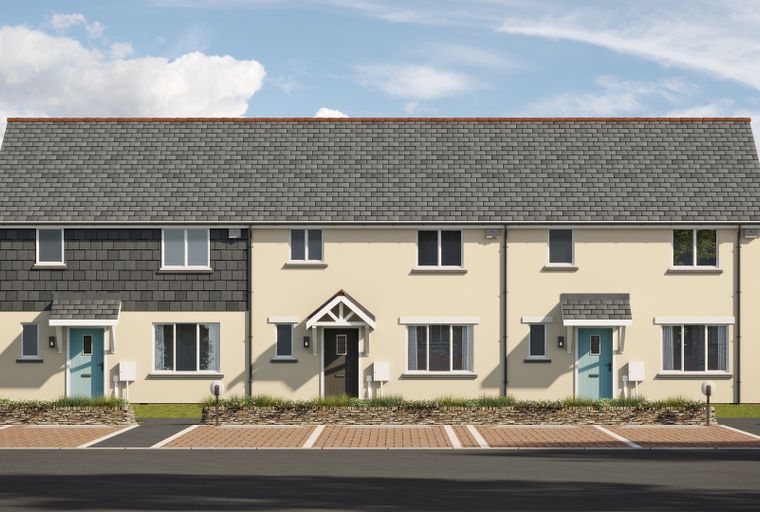 A row of modern townhouses with dark slate and light stucco exteriors, blue and dark front doors, and driveways.
