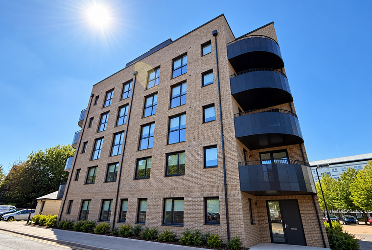A modern apartment building with brick walls and curved balconies.