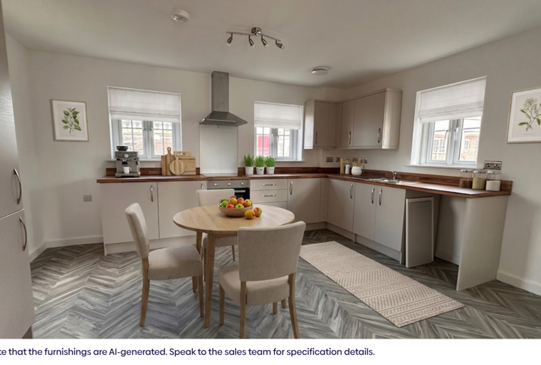 A kitchen and dining area with a round table, chairs, and kitchen cabinets.