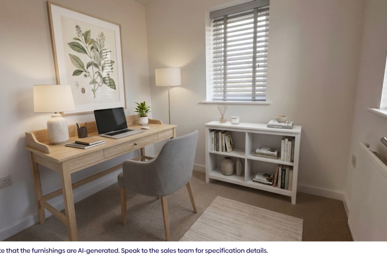 A home office with a desk, chair, and bookshelf.