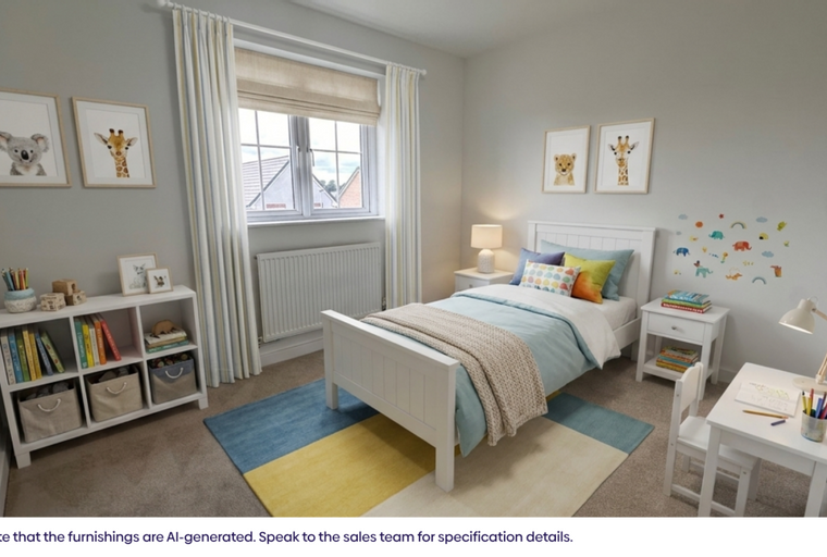 A children's bedroom with a bed, a desk, and a bookshelf.