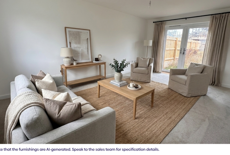 A living room with a sofa, coffee table, armchair, and console table.