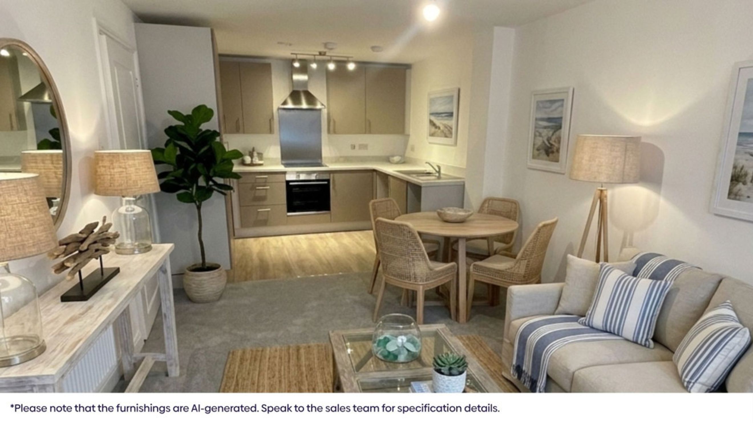 A living room and kitchen area with a sofa, dining table, and kitchen cabinets.