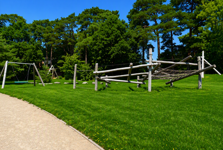 A playground with a swing set and a rope climbing structure in a grassy park with trees.