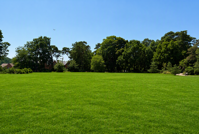 A wide green lawn in front of a line of trees with houses visible behind them.