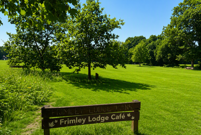 A wooden sign for Frimley Lodge Park and Frimley Lodge Cafe stands in a grassy park with trees and a blue sky.