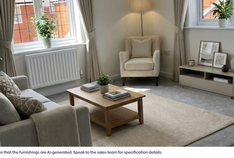 A living room with a sofa, armchair, coffee table, and media console.