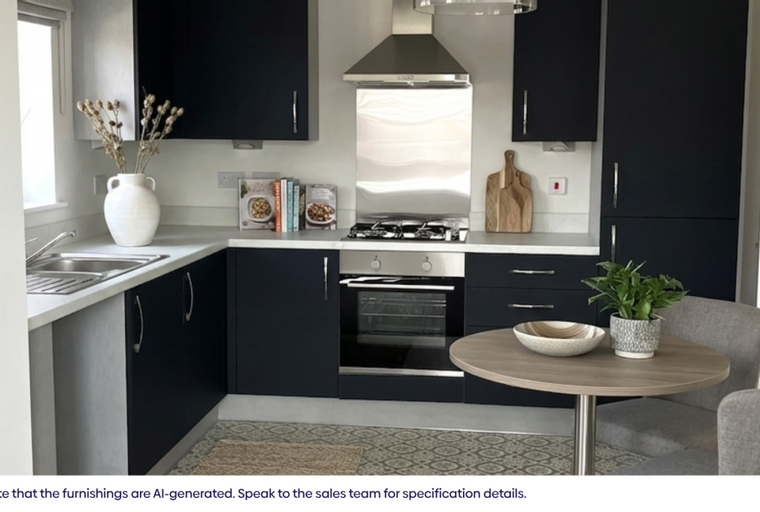 A modern kitchen with dark cabinets, a gas stove, and a small dining table.