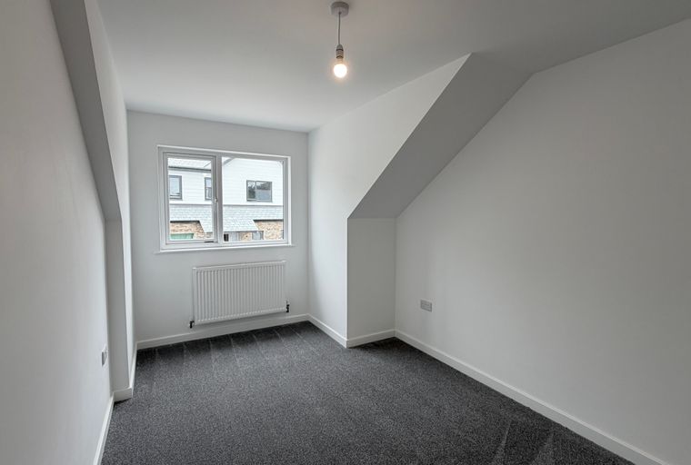 A room with a window, carpet, and radiator.
