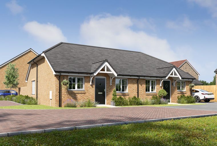 A pair of brick bungalows with dark roofs and black front doors, set against a blue sky with clouds.
