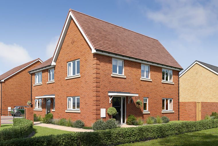 A red brick semi-detached house with white-framed windows and a tiled roof, set against a blue sky.