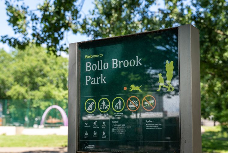 A park sign for Bollo Brook Park with various icons and text.