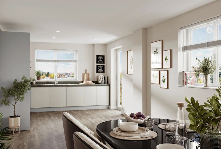 A dining area and kitchen with a table, chairs, and kitchen cabinets.