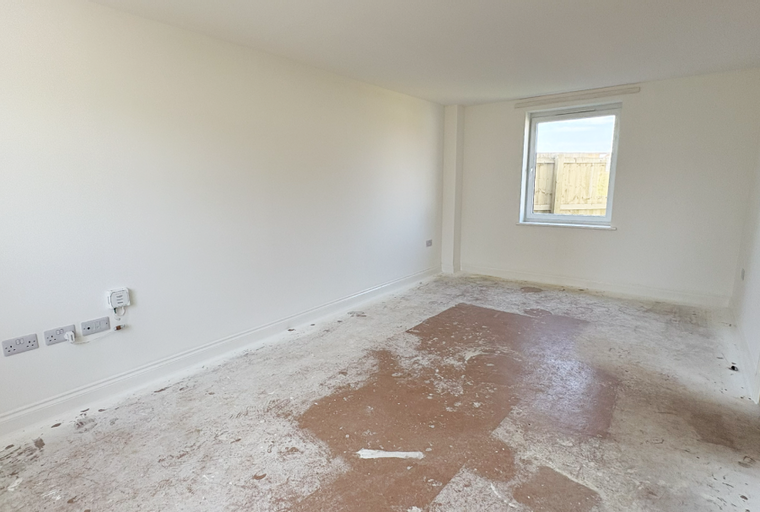 A room with white walls, a window, and a wooden door.