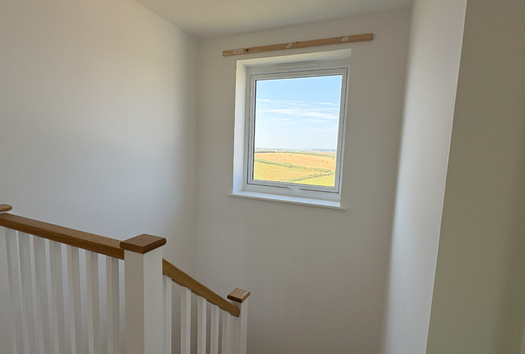 A staircase with a white banister and a wooden handrail next to a window overlooking a field.