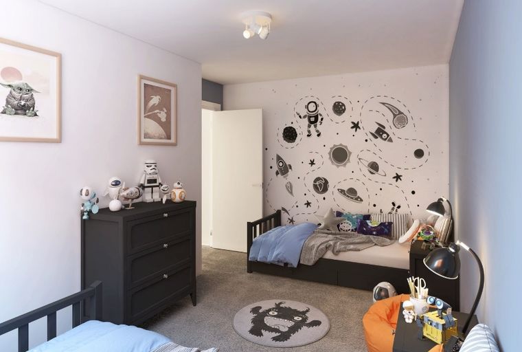 A children's bedroom with a bed, dresser, and space-themed wall art.