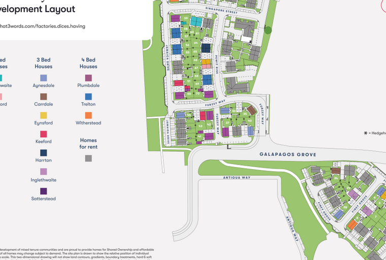 A development layout map showing different house types and street names.