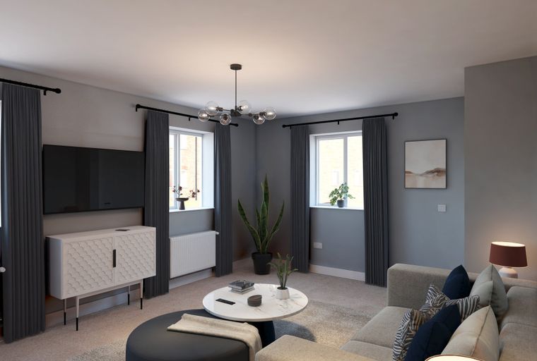 A living room with a television, a sofa, and a coffee table.