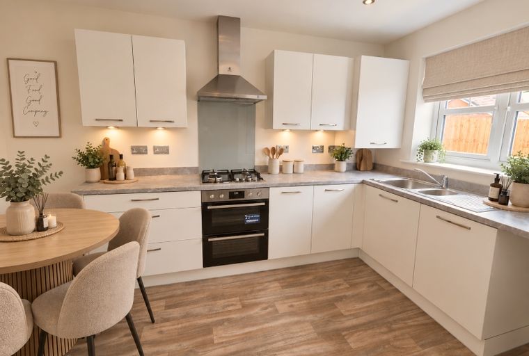A modern kitchen with white cabinets, a stainless steel range hood, a double oven, and a round dining table.