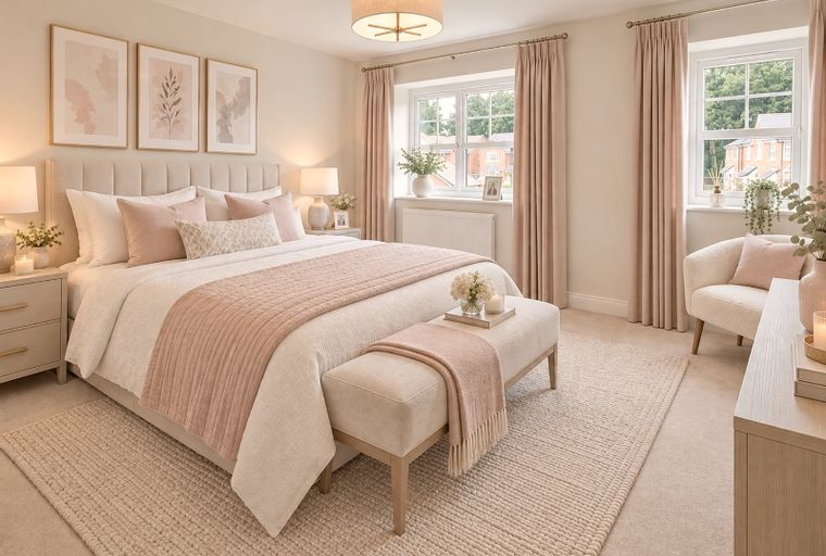 A bedroom with a bed, bedside tables, windows, and curtains.