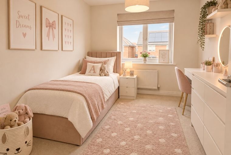 A child's bedroom with a bed, vanity, and decorative wall art.