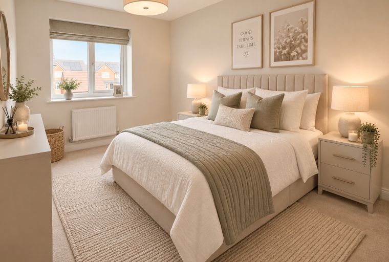 A bedroom with a bed, bedside tables, and a window.