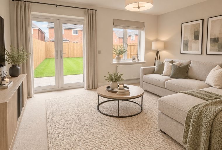 A living room with a sectional sofa, coffee table, and French doors leading to a backyard.