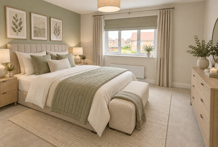 A bedroom with a bed, pillows, a blanket, nightstands, artwork, a window, and a dresser.