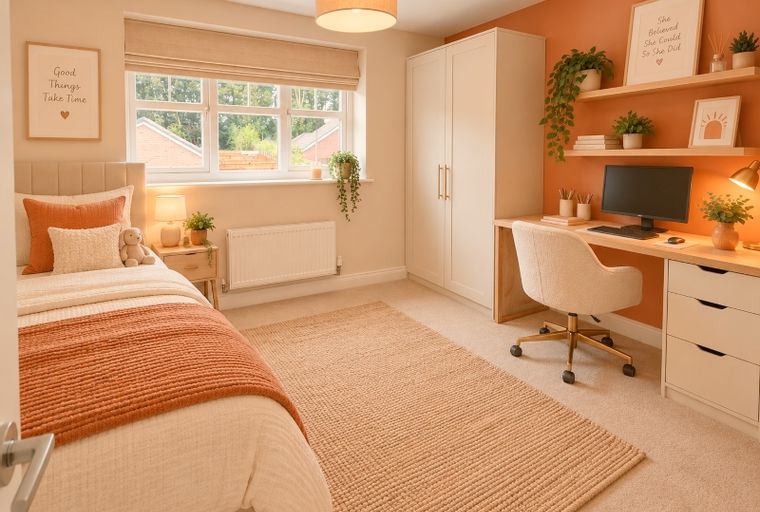 A bedroom with a bed, a desk, and a wardrobe.