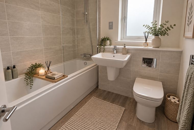 A bathroom with a bathtub, sink, and toilet.