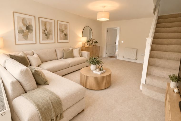 A living room with a sectional sofa, coffee table, and a staircase.