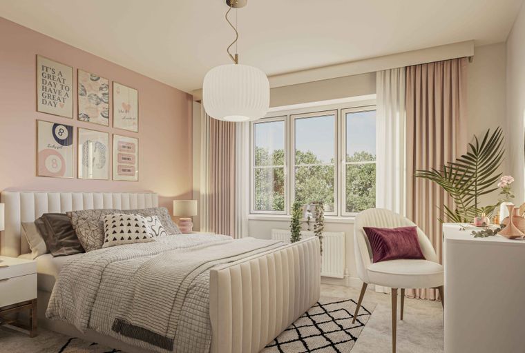 A bedroom with a bed, nightstands, a chair, and a window.